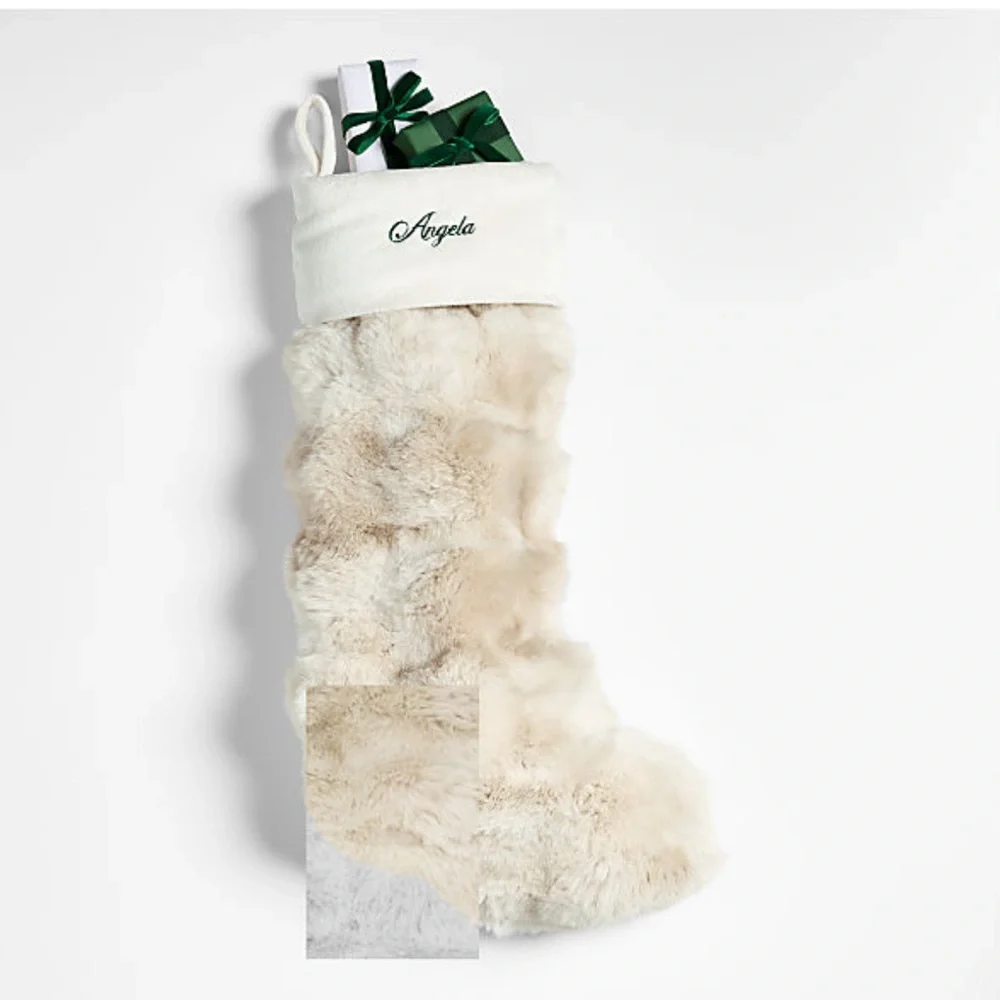 New! 🎄✨📯Crate&Barrel Arctic Ivory Textured Faux Fur Christmas Stocking